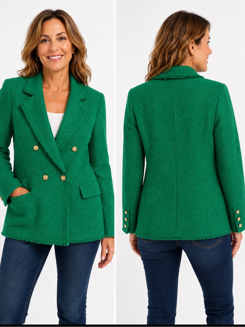 Saks Fifth Avenue Green Tweed
Textured Double Breasted Blazer Faux Pearl Buttons